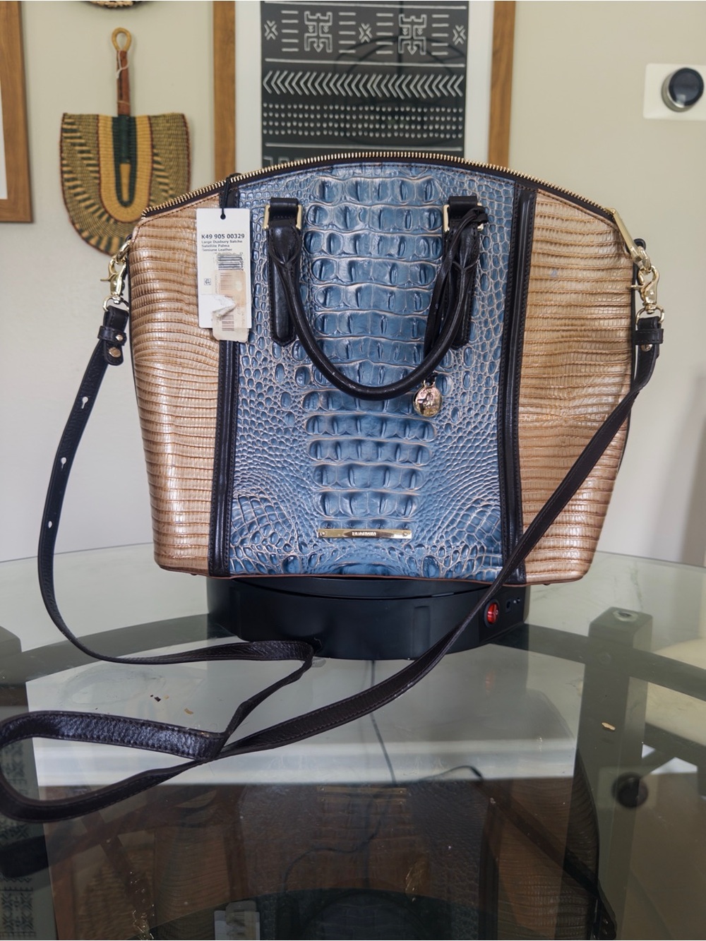 Brahmin Croc-Textured Blue & Gold Tote with Detachable Strap